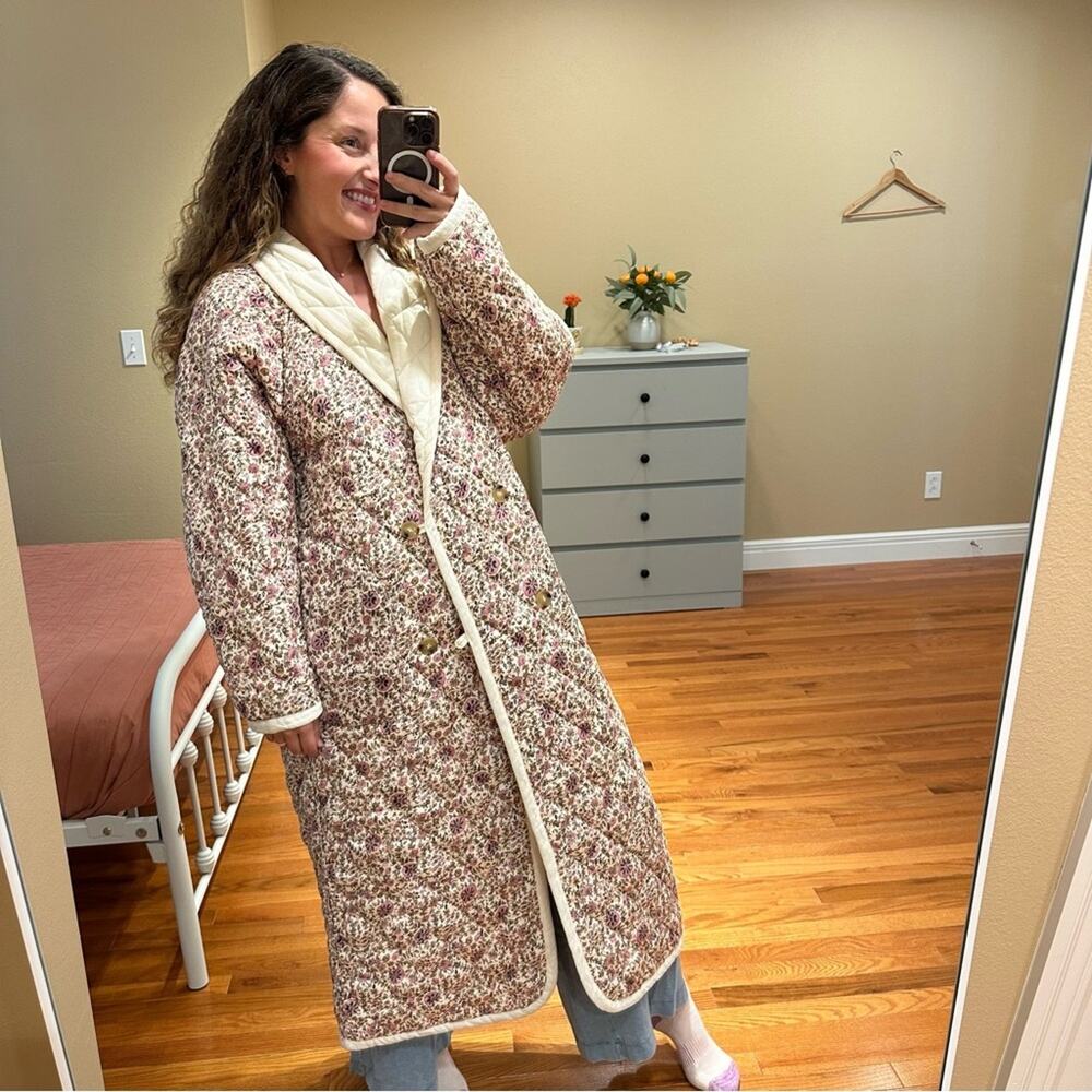 Xirena White Floral Reversible Pink Quilted Long Line Coat Jacket XL - Picture 5 of 12